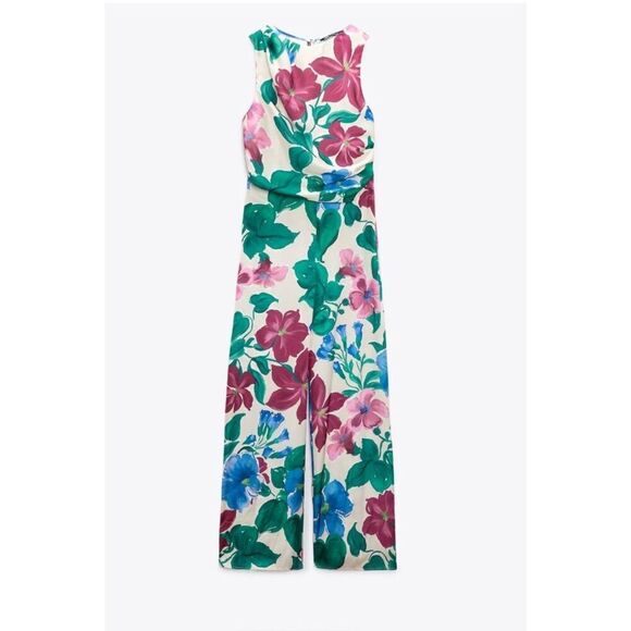Multicolor Floral Print Zara Drape Neck Sleeveless One-Piece Pant Jumpsuit (NWT) - Picture 4 of 5